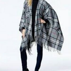 V. FRAAS  Ruona Plaid Print Gray Red and Black Wrap Poncho